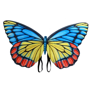 Detail of vibrant butterfly costume wings with digital printing and black elastic straps
