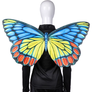 Detail of vibrant butterfly wings costume with blue and orange patterns for party wear