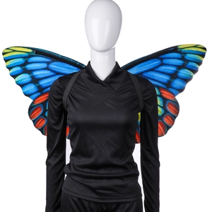 Detail view of colorful butterfly wings costume with blue, yellow and red patterns