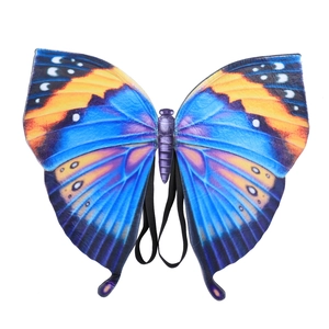 Detail of blue and orange butterfly wings costume with black elastic shoulder straps