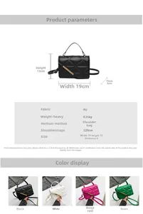 Detailed size specifications and color variants for the quilted PU crossbody square bag