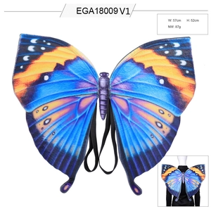Detail view of blue and orange butterfly wings with elastic straps for party costumes