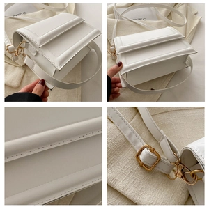 Detail shots of white square bag showing gold hardware and precise stitching textures