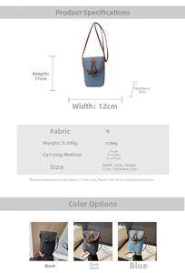 Detailed size specifications for Korean style crossbody phone bag with strap and toggle button