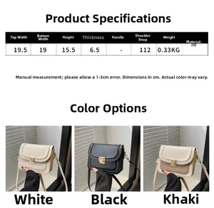 Comparaison de taille détaillée des sacs carrés en cuir PU blanc, noir et kaki