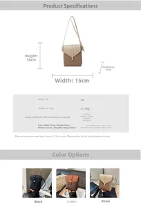 Size chart showing 15x18x5cm dimensions for the minimalist PU leather crossbody bag