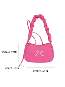 Pink underarm bag with bow embroidery and ruffled strap, 22cm x 13cm x 8cm size