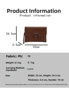 Detailed size chart for minimalist PU leather envelope clutch bag with metal hardware