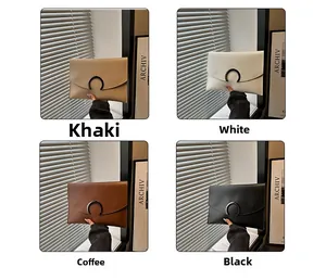 Detailed comparison of minimalist leather envelope clutch bags in khaki, white, brown, and black