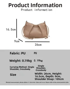 Detailed size chart for the pleated PU shoulder bag with height width and depth metrics