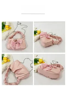 Sac à main froncé rose avec grand nœud en organza montré sous quatre angles différents