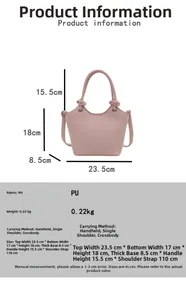 Pink embossed PU leather bag specifications with dimensions and shoulder strap detail