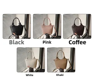 Detail of embossed crossbody bucket bags in black pink brown white and khaki colors