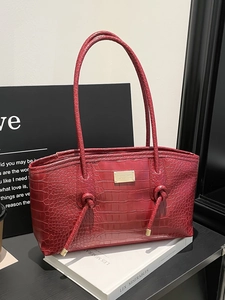 Women Fashion Crocodile Pattern PU Leather Tote Bag Urban Simple Shoulder Handbag With Knot Detail Metal Logo Large Capacity Commuter Bag