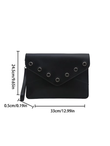 Chic black leather envelope clutch bag with silver rivet details and a wristlet strap