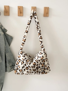 Sac Sous le Bras en Fausse Fourrure Imprimé Léopard Sac à Bandoulière en Peluche Douce pour Femme Mode Hiver Casual Petit Tote Bag