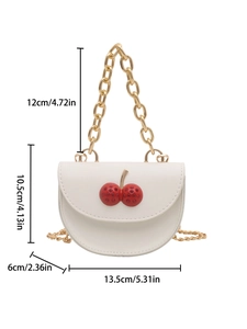 Mini white crossbody bag with red cherry detail and chunky gold chain handle strap