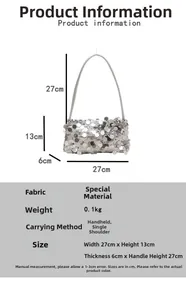 Detailed size specifications for silver sequined shoulder bag with 27x13x6cm dimensions