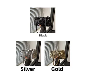 Detail view of sparkly sequin shoulder bags in black, silver and gold party styles