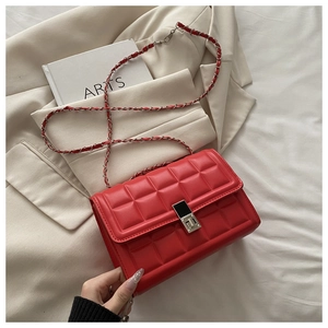 Macro shot of red quilted crossbody bag with gold chain strap and metal clasp detail