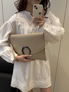 Chic beige envelope clutch bag with moon buckle and chain strap for women