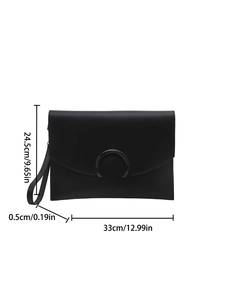 Black envelope clutch bag with moon decoration and size metrics 33cm by 24.5cm