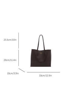 Dark brown leather tote bag dimensions guide featuring geometric stitching and chic style