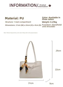 Detailed size chart for white crocodile pattern tote bag with printed silk scarf handle