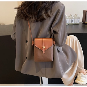 Detail of a brown contrast color crossbody bag with lychee texture and metal button
