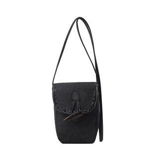 Retro grey canvas phone bag with horn buckle and black adjustable shoulder strap