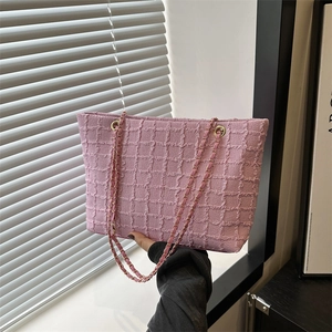 Tweed Woven Women Shoulder Bag Large Capacity Tote With Metal Chain Strap Elegant Retro Fashion Daily Commuting