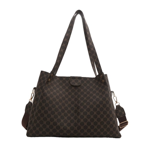 Borsa tote retrò marrone con motivo monogramma, grande capacità e tracolla larga