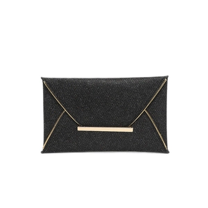 Elegante zwarte glitter enveloppe clutch met V-vormige goudkleurige metalen rand