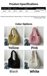 Detailed size chart and four color options for the stylish pleated cloud shoulder bag