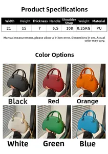 Detailed size chart and multi-color options for the semi-circular PU leather crossbody bag