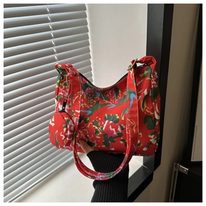 Red floral fabric tote bag with matching round mini coin purse pouch accessory
