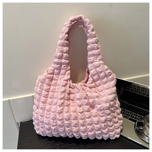 Pink bubble textured nylon tote bag with soft pleated design for casual daily use