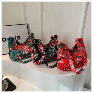 Floral print shoulder bags set with matching small coin purses in red black and green