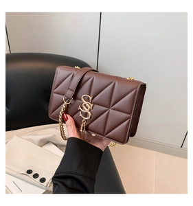 Detail of dark brown quilted leather crossbody bag featuring a golden S-shaped buckle and chain