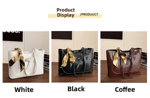 Crocodile pattern handbags shown in white, black, and coffee colors with silk scarves