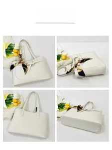 Four-angle view of white crocodile pattern tote bag with decorative silk scarf handle