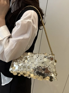Chic silver sequin shoulder bag for women with elegant gold chain strap for evening wear