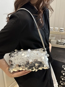 Silver sequin shoulder bag for women with metallic chain strap for parties and disco style