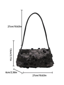 Chic black sequin shoulder bag with leather strap for women, trendy mini square purse