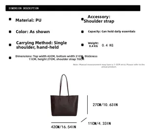 Detailed size chart for the PU leather tote bag with measurements and specifications