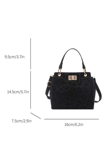 Large leopard print tote bag with dimensions shown, featuring gold twist lock and strap