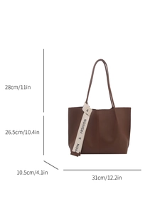 Classic dark brown leather tote bag with dimensions displayed on white background