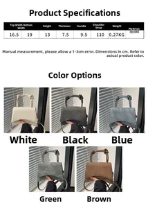 Size guide for fashionable crossbody bag showing dimensions and five color options available