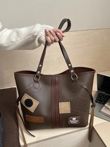 Classic large capacity dark brown PU leather tote bag with stylish patch details for women