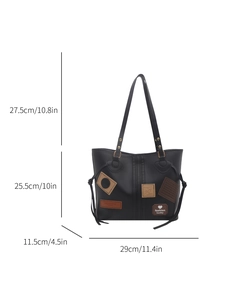 Classic black PU tote bag with decorative patches and medium capacity size dimensions